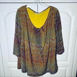 JLO Women’s Top Blouse Long Sleeves Retro Chevron Pattern, Size 1X Brown Orange*